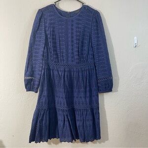 J. Crew Eyelet Lace Flutter Hem Dress Women Size 0 Navy Blue Preppy A Line